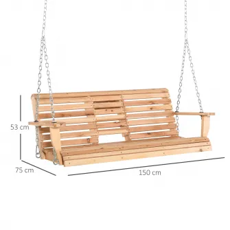 Leagan suspendat cu 3 locuri, Outsunny , Cu masa pliabila, Lemn, 150 x 75 x 53 cm, Maro