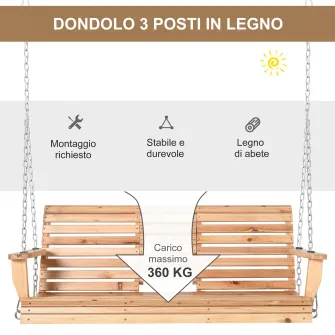 Leagan suspendat cu 3 locuri, Outsunny , Cu masa pliabila, Lemn, 150 x 75 x 53 cm, Maro