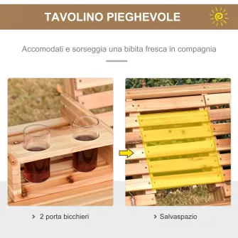 Leagan suspendat cu 3 locuri, Outsunny , Cu masa pliabila, Lemn, 150 x 75 x 53 cm, Maro