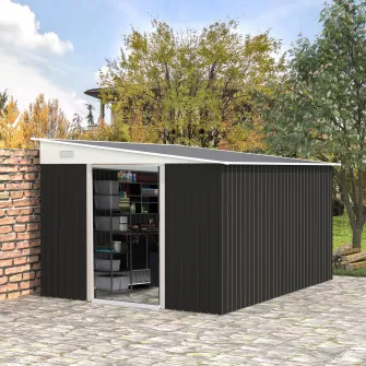 Magazie de Gradina Outsunny cu Usa Glisanta si Orificii de Aerisire, din Otel Galvanizat, 345x280,5x169-201cm, Negru