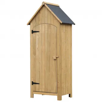 Magazie de gradina, Outsunny, Rezistenta la apa, cu usi si rafturi, Lemn, 77,5x54,2x179,5 cm, Maro