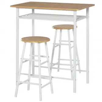 Masa de bar HOMCOM Set de 3 piese Set de scaune cu inaltime de bar si 1 masa, 2 scaune asortate, Raft de depozitare si Suport de picioare din cadru de metal, Alb