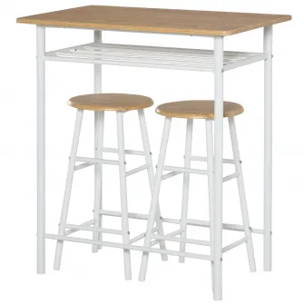 Masa de bar HOMCOM Set de 3 piese Set de scaune cu inaltime de bar si 1 masa, 2 scaune asortate, Raft de depozitare si Suport de picioare din cadru de metal, Alb