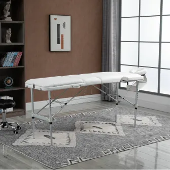 Masa de masaj portabila, pliabila si profesionala din aluminiu HOMCOM pentru cosmetician, terapeut, SPA, alb, 215x60x61-84cm