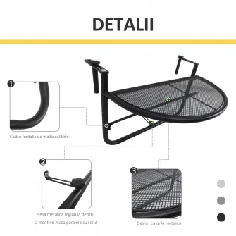 Masuta Suspendata Balcon din Fier Negru, 60x45x50cm Outsunny