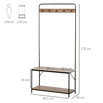 Mobilier hol, Homcom, Otel/PAL, Cuier/Banca pantofi, 80.5 x 30 x 170 cm, Stejar/Negru