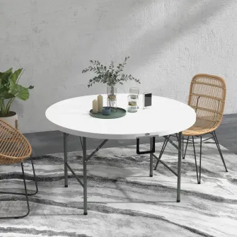 Outsunny Φ122 Masa De Gradina Pliabila, Masa De Picnic Rotunda Hdpe Pentru 6 Persoane, Masa De Terasa Cu Cadru Metalic, Alb