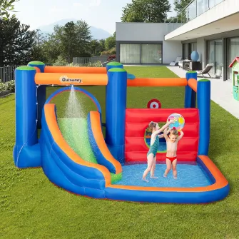 Outsunny 4 in 1 pentru copii Tobogan de apa Bounce House tobogan, trambulina, piscina, pentru copii de 3-8 ani
