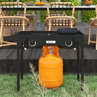 Outsunny Aragaz cu 2 Arzatoare cu Propan, 150.000 BTU de Inalta Presiune pentru Exterior pentru Gatit in Gradina, Camping, Prajire Curcani