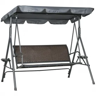 Outsunny Balansoar cu 3 locuri, Balansoar de Gradina cu Copertina ajustabila, Scaun din ratan si cadru de otel pentru terasa, gradina