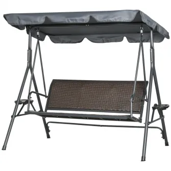 Outsunny Balansoar cu 3 locuri, Balansoar de Gradina cu Copertina ajustabila, Scaun din ratan si cadru de otel pentru terasa, gradina