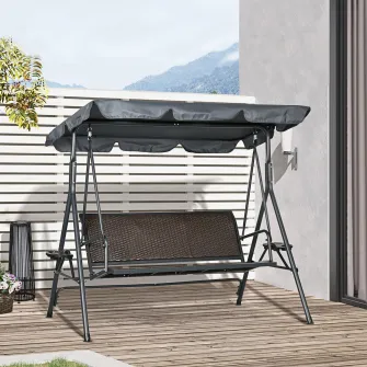 Outsunny Balansoar cu 3 locuri, Balansoar de Gradina cu Copertina ajustabila, Scaun din ratan si cadru de otel pentru terasa, gradina