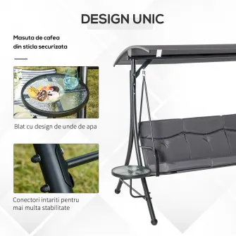 Outsunny Balansoar cu 3 scaune de gradina sau balcon cu acoperis si 2 mese de cafea