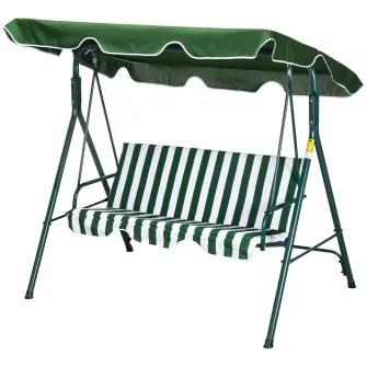 Outsunny Balansoar de Gradina 3 Locuri Acoperis Parasolar si Structura din Otel si Poliester, 172x110x153 cm, Alb si Verde