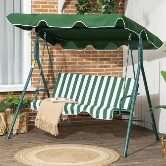 Outsunny Balansoar de Gradina 3 Locuri Acoperis Parasolar si Structura din Otel si Poliester, 172x110x153 cm, Alb si Verde