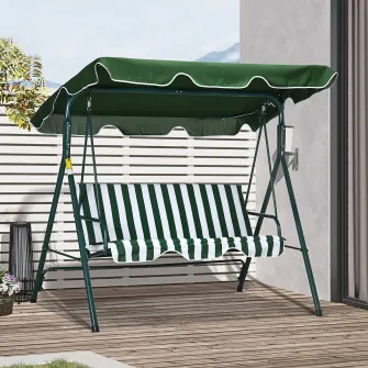 Outsunny Balansoar de Gradina 3 Locuri Acoperis Parasolar si Structura din Otel si Poliester, 172x110x153 cm, Alb si Verde