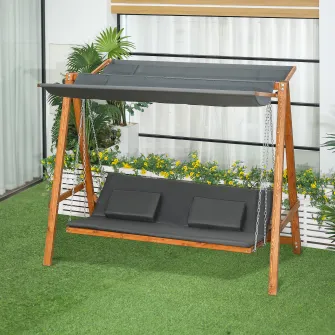 Outsunny Balansoar de Gradina 3 Locuri, Balansoar Pat Matrimonial 2 in 1 cu Baldachin Reglabil si Perne Captusite, 225.5x113x180cm, Gri si Teck