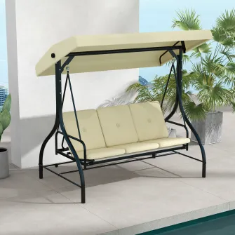 Outsunny Balansoar de Gradina 3 Locuri, Balansoar Pat pentru Exterior cu Copertina Reglabila, din Metal si tesut Teslin, Bej si Negru