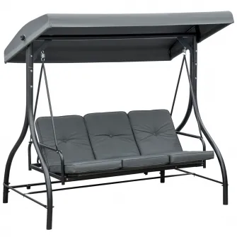 Outsunny Balansoar de Gradina 3 Locuri Convertibil in Pat cu Copertina Reglabila, Balansoar de Terasa din Metal si Tesut, Gri Inchis