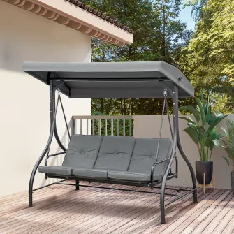 Outsunny Balansoar de Gradina 3 Locuri Convertibil in Pat cu Copertina Reglabila, Balansoar de Terasa din Metal si Tesut, Gri Inchis