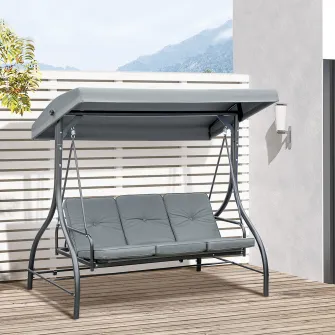 Outsunny Balansoar de Gradina 3 Locuri Convertibil in Pat cu Copertina Reglabila, Balansoar de Terasa din Metal si Tesut, Gri Inchis