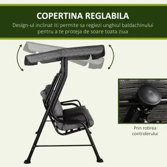 Outsunny Balansoar pentru Gradina pentru 3 Persoane cu Baldachin Reglabil si Perne Captusite, 200x120x170cm, Negru