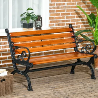Outsunny Banca De Exterior Cu Cadru Din Aluminiu Turnat, Canapea Cu Doua Locuri Cu Sezut Si Spatar Din Sipci Din Lemn, Cotiera Curbata, Tec