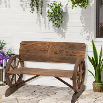 Outsunny Banca de Gradina 2 Locuri cu Spatar Inalt, Banca din Lemn de Brad cu Roti de Caruta Laterale, 114x58x80 cm, Maro Carbonizat