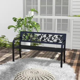 Outsunny Banca de Terasa, Canapea cu Cadru Metalic cu Spatar cu Model Floral pentru Gradina, Cotiere, pentru Gradina, Veranda, Negru