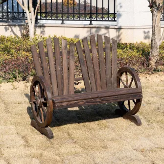Outsunny Banca din lemn pentru gradina, banca de gradina stil rustic cu brate in forma de roata de caruta, 108x66x95cm, culoare lemn