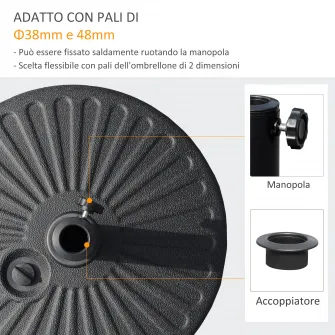 Outsunny Baza pentru Imbrela de Gradina cu Stalp Central Φ3.8cm si 4.8cm, Soclu pentru Umbrela care se Umple cu Apa sau Nisip, Negru