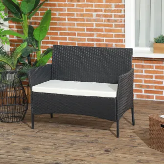 Outsunny Canapea de Exterior cu 2 Locuri cu Perne Captusite, Canapea pentru Curte din Ratan PE cu Brate, pentru Sera, Gradina, Zona de Langa Piscina, 100x54x80 cm, Negru