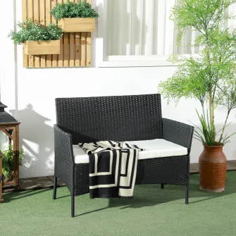 Outsunny Canapea de Exterior cu 2 Locuri cu Perne Captusite, Canapea pentru Curte din Ratan PE cu Brate, pentru Sera, Gradina, Zona de Langa Piscina, 100x54x80 cm, Negru