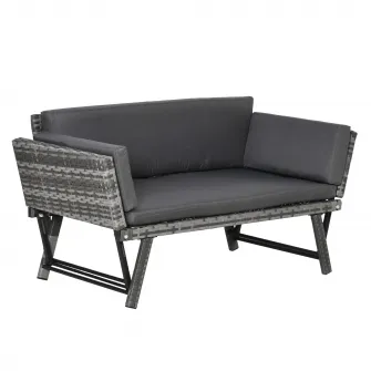 Outsunny Canapea de Gradina din Ratan si Otel, Canapea 2 Locuri pentru Exterior cu Capitonaj si Cotiere Rabatabile, 129x63x67cm, Gri