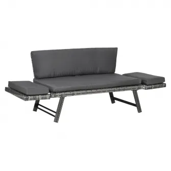 Outsunny Canapea de Gradina din Ratan si Otel, Canapea 2 Locuri pentru Exterior cu Capitonaj si Cotiere Rabatabile, 129x63x67cm, Gri