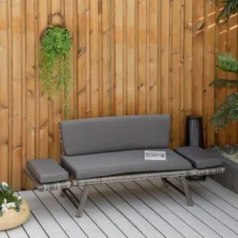 Outsunny Canapea de Gradina din Ratan si Otel, Canapea 2 Locuri pentru Exterior cu Capitonaj si Cotiere Rabatabile, 129x63x67cm, Gri