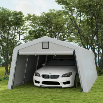 Outsunny Carport rezistent 3,3 x 6,2 m, Cort tip garaj portabil cu copertina cu 2 ferestre de ventilatie si usa mare, pentru masina, camion, barca, motocicleta, bicicleta, unelte de gradinarit