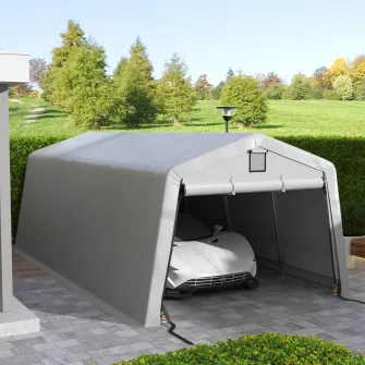 Outsunny Carport rezistent 3,3 x 6,2 m, Cort tip garaj portabil cu copertina cu 2 ferestre de ventilatie si usa mare, pentru masina, camion, barca, motocicleta, bicicleta, unelte de gradinarit