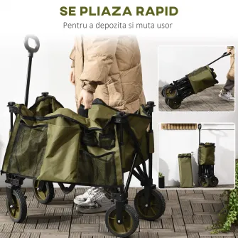 Outsunny Carucior de gradina pliabil cu roti, Carucior de camping pliabil cu placa pliabila, Carucior utilitar pentru exterior cu cadru din otel si material Oxford, verde