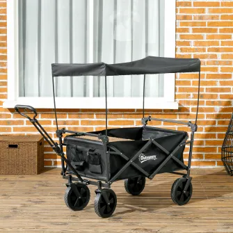 Outsunny Carucior pliabil pentru exterior cu copertina detasabila, Carucior pliabil de gradina, Carucior rezistent de camping cu maner telescopic si geanta de transport, Capacitate 100kg, Negru