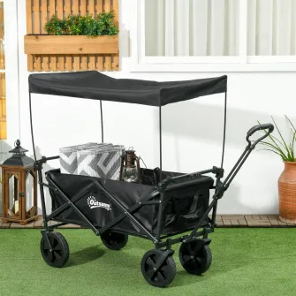 Outsunny Carucior pliabil pentru exterior cu copertina detasabila, Carucior pliabil de gradina, Carucior rezistent de camping cu maner telescopic si geanta de transport, Capacitate 100kg, Negru
