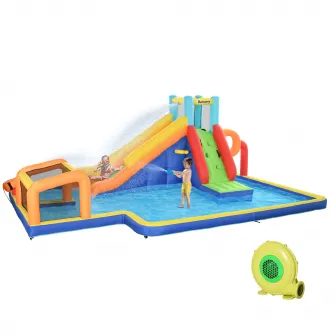 Outsunny Castel Gonflabil 6 in 1 pentru Copii cu Tobogan, Piscina, Perete de Catarare, Tun de Apa, Inel de Baschet, Stand de Fotbal, Suflanta