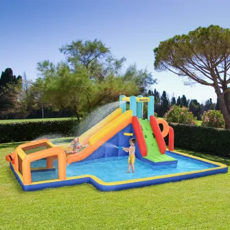 Outsunny Castel Gonflabil 6 in 1 pentru Copii cu Tobogan, Piscina, Perete de Catarare, Tun de Apa, Inel de Baschet, Stand de Fotbal, Suflanta