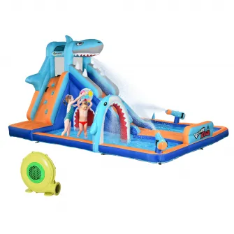 Outsunny Castelul Gonflabil 6 in 1 pentru Copii, cu Tobogan, Piscina, Perete de Catarare, Tun de Apa, Parc Acvatic Gonflabil cu Tematica Rechini