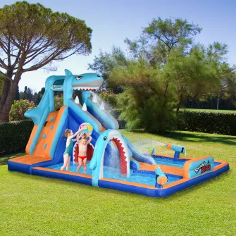 Outsunny Castelul Gonflabil 6 in 1 pentru Copii, cu Tobogan, Piscina, Perete de Catarare, Tun de Apa, Parc Acvatic Gonflabil cu Tematica Rechini