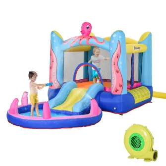 Outsunny Castelul Gonflabil pentru Copii cu Tobogan si Piscina Tematica Mare