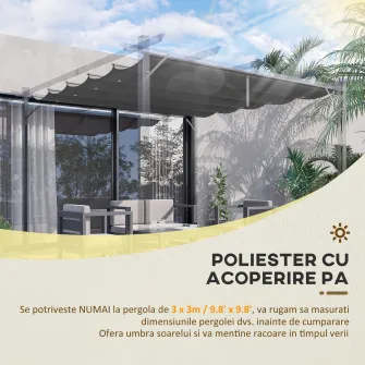 Outsunny Copertina retractabila pentru pergola, Copertina de rezerva din material textil pentru pergola de 3 x 3 (m), Acoperis retractabil pentru foisor, gri inchis