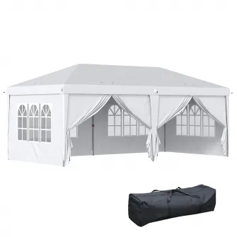 Outsunny Cort 6x3 m pliabil din otel si material Oxford, cort pentru gradina cu 6 pereti laterali, franghii si carlige, alb