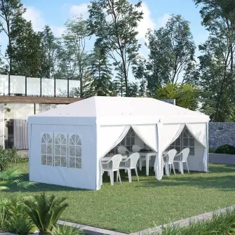 Outsunny Cort 6x3 m pliabil din otel si material Oxford, cort pentru gradina cu 6 pereti laterali, franghii si carlige, alb