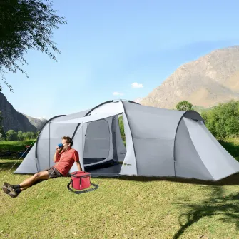 Outsunny Cort de Camping pentru 4-5 Persoane cu 2 Camere, Cort de Camping pentru Familie Impermeabil cu Baldachin, 590x245x193cm, Gri